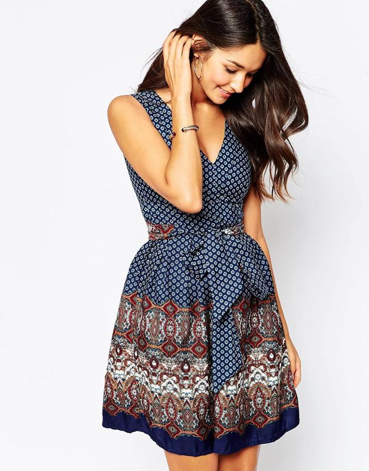 Yumi Tie Dress In Mixed Scarf Print - Navy