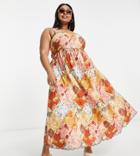 Asos Design Curve Scallop Edge Cut Out Back Midi Sundress In Patchwork Floral-multi