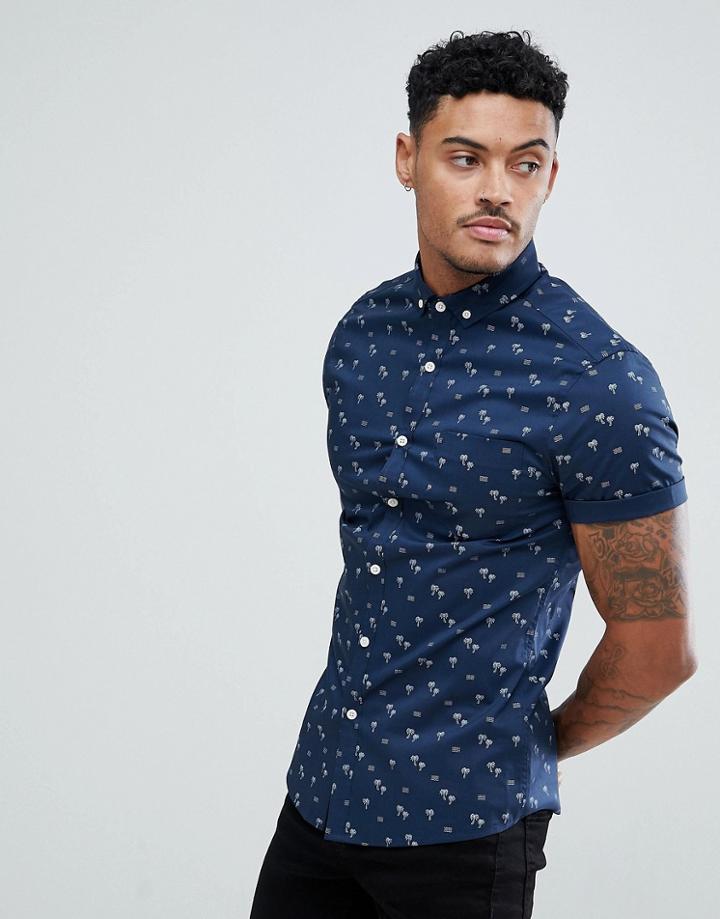 Asos Skinny Cvc Palm Print Shirt - Navy