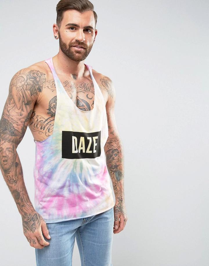 Asos Extreme Racer Back Raw Edge Tank With Tie Dye And Daze Print - Multi