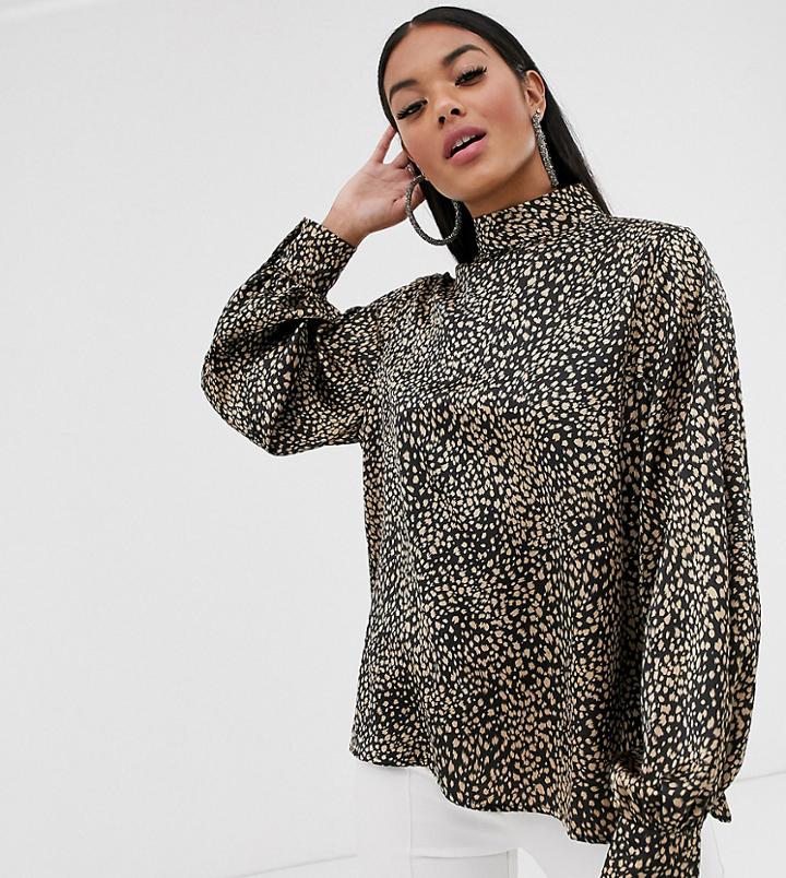 Pretty Lavish High Neck Top With Balloon Sleeves In Leopard Print - Black