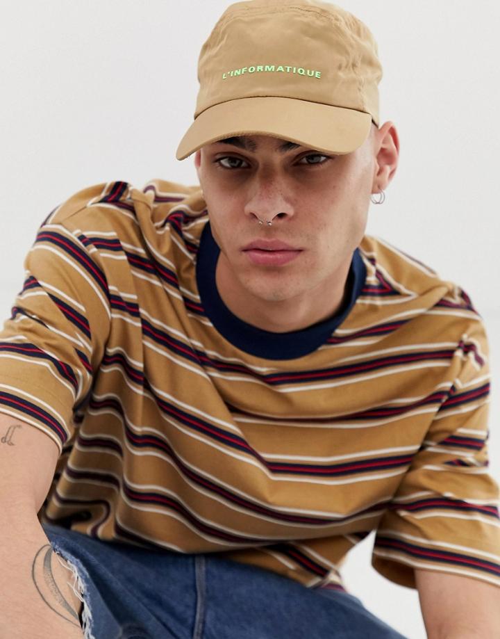 Asos Design 5 Panel Cap With 'l'informatique' Rubberised Print - Brown