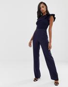 Vesper One Shoulder Wide Leg Jumpsuit With Frill Detail In Navy