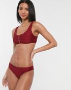 Accessorize Button Up Scallop Bikini Crop Top In Berry-brown