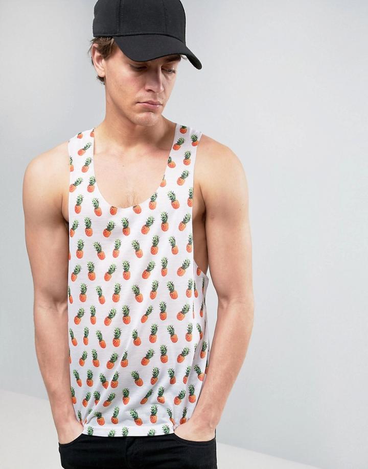 Another Influence Extreme Racer Back Raw Edge Pinapple Print Tank - White