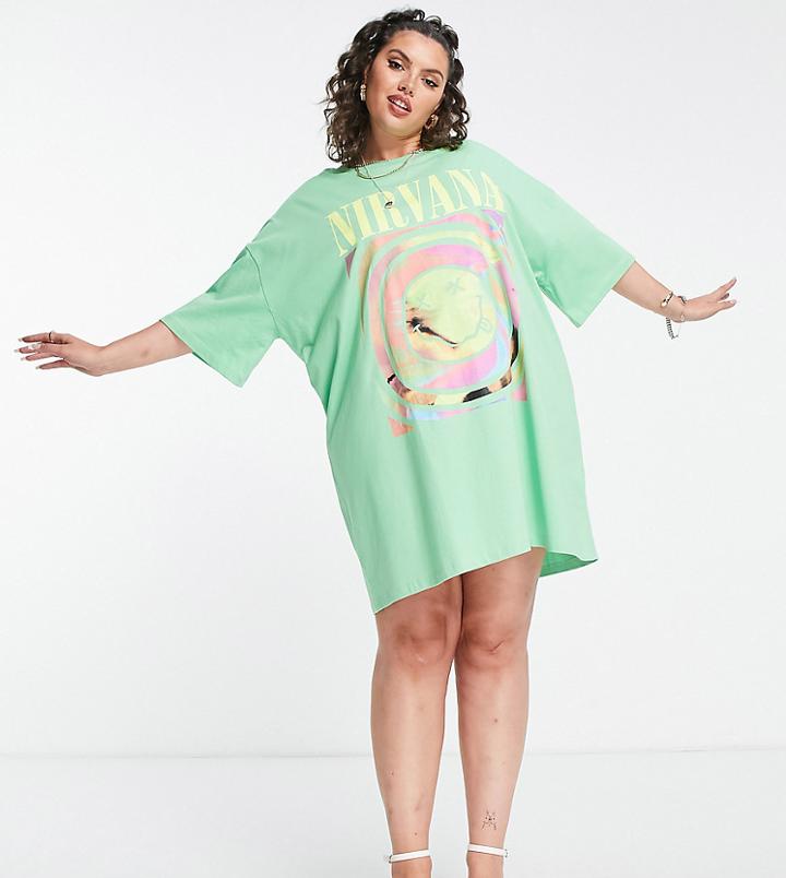 Asos Design Curve Oversized T-shirt Dress With Nirvana Print In Green