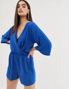 Asos Design Wrap Blouson Sleeve Romper - Blue