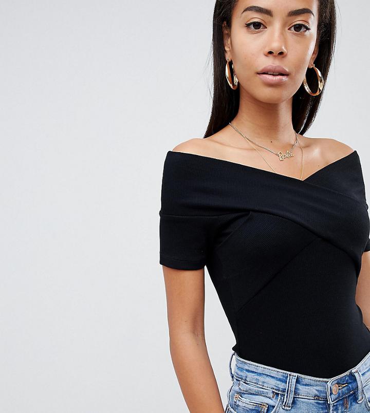 Asos Design Tall Off Shoulder Fitted Top In Black - Black