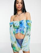 Bershka Bardot Frill Detail Blouse In 90s Blue Butterfly Print-multi