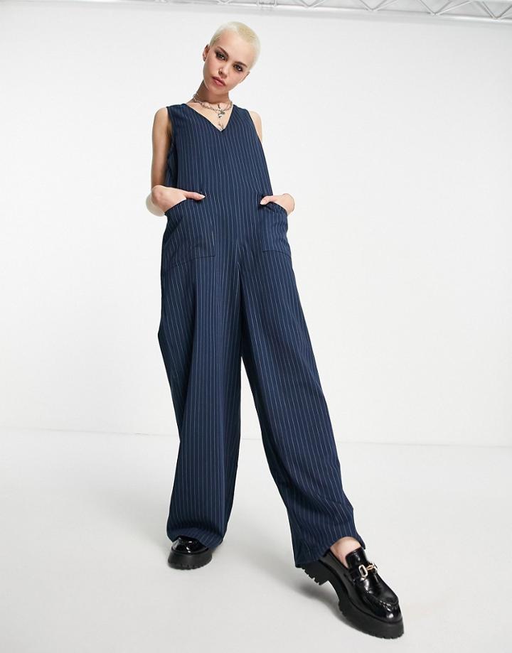 Noisy May Tailored Sleeveless Jumpsuit In Navy Pinstripe