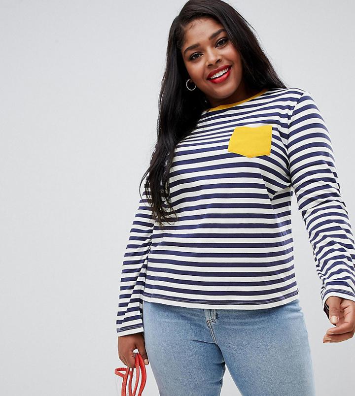 Asos Design Curve Long Sleeve Stripe Top With Contrast Pocket-multi