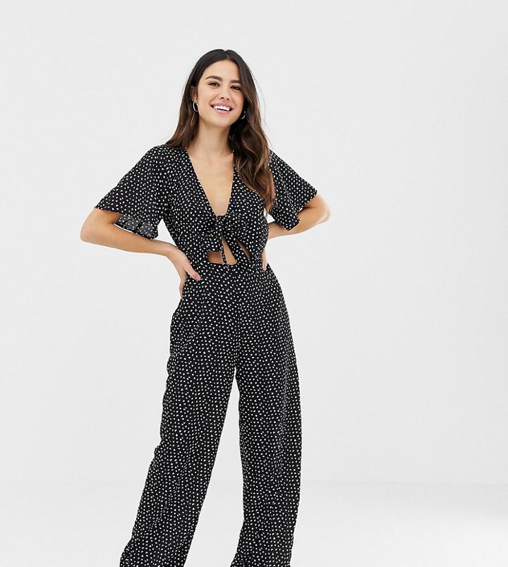 Fashion Union Plunge Front Jumpsuit In Smudge Spot - Black