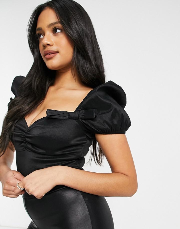 Naanaa Puff Sleeve Sweetheart Neck Crop Top In Black