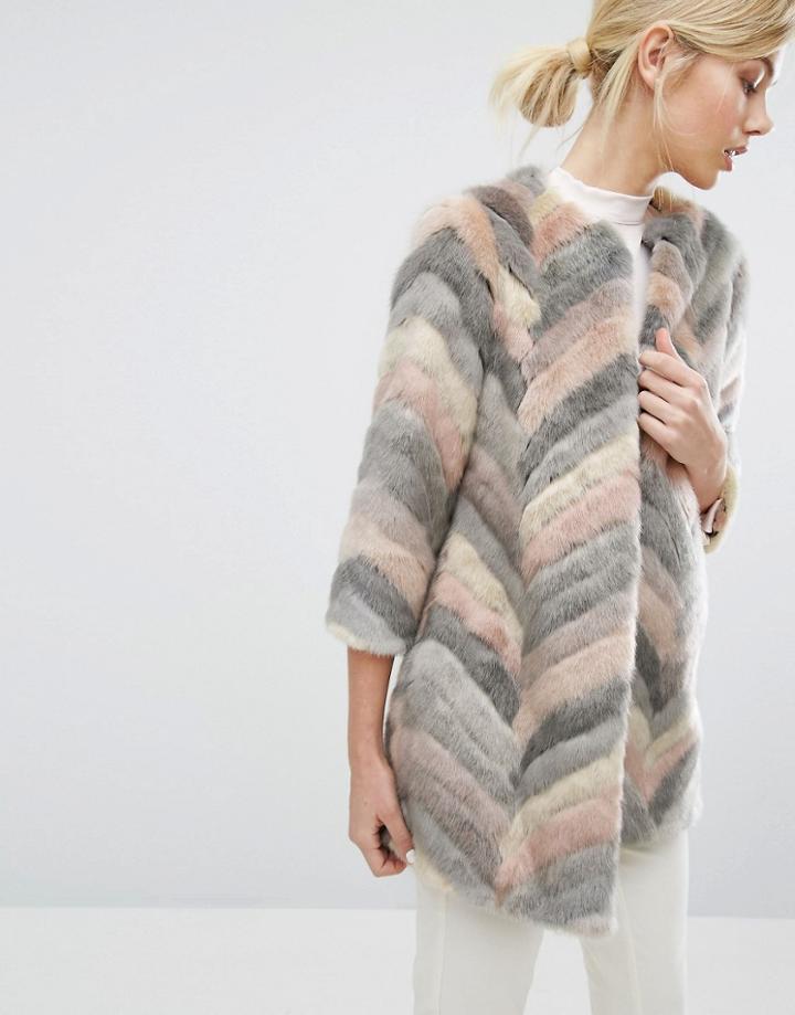 Ted Baker Chevron Faux Fur Coat - Multi