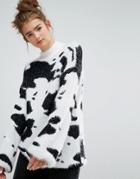 E.l.k High Neck Sweater In Cow Print Fluffy Knit - Black