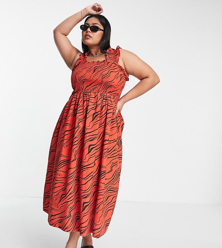 Collusion Plus Shirred Smock Maxi Dress In Red Zebra Print