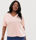 Asos Design Curve Tipped V Neck T-shirt In Pink