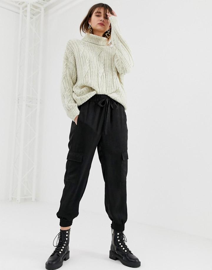 Stradivarius Satin Parachute Pants In Black - Black