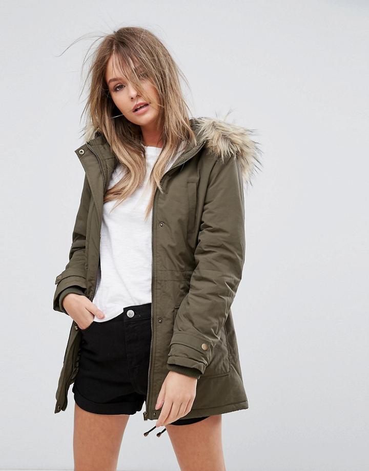New Look Faux Fur Hooded Short Parka - Green