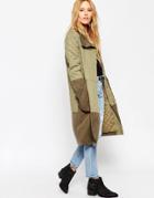 Asos Parka With Quilted Detail And Contrast Panel - Khaki