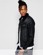 Liquor & Poker Fleece Collar Denim Jacket In Washed Black - Washed Black