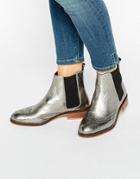 Dune Quentin Pewter Metallic Leather Brogue Chelsea Boots - Silver