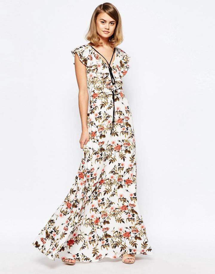 Lost Ink Ruffle Waterfall Dress With Lace Up Detail In Floral Print - Multi