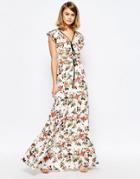 Lost Ink Ruffle Waterfall Dress With Lace Up Detail In Floral Print - Multi