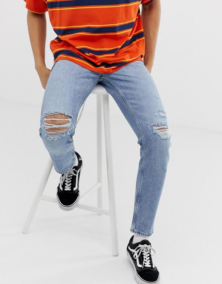 Asos Design Slim Jeans In Dirty Wash With Rips - Blue