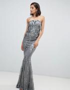 City Goddess Strapless Sequin Embroidered Maxi Dress - Silver