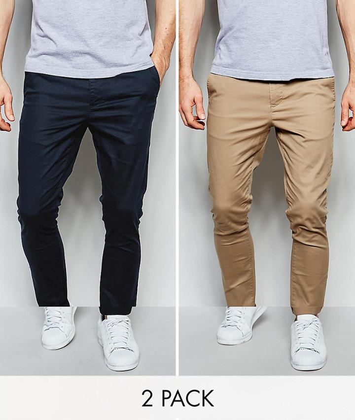 Asos Design 2 Pack Super Skinny Chinos In Navy & Stone Save - Multi