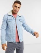 Asos Design Denim Jacket With Detachable Fleece Collar In Light Wash-blues