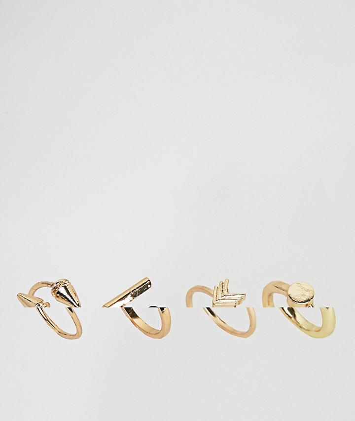 Asos Pack Of 4 Solid Shapes And Stone Rings - Gold