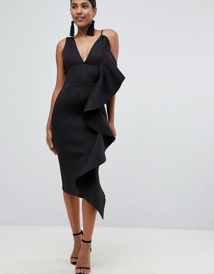 Lavish Alice Scuba High Neck Midi Dress With Sculpted Frill Detail In Black - Black