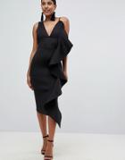 Lavish Alice Scuba High Neck Midi Dress With Sculpted Frill Detail In Black - Black
