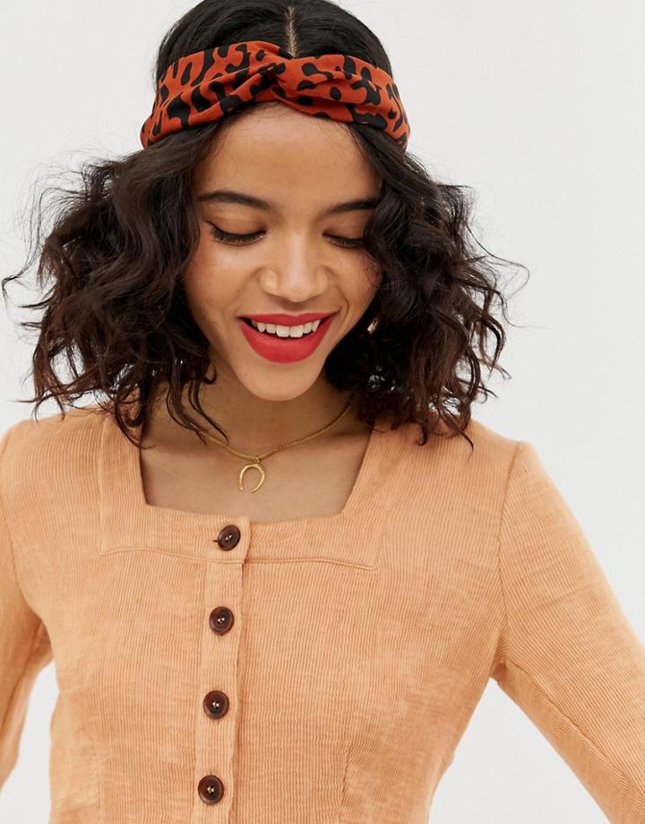 Asos Design Headband With Twist Front In Animal Print In Rust - Red