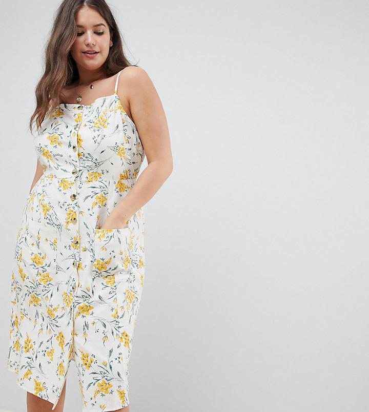 Asos Design Curve Button Through Linen Midi Sundress In Floral Print-multi