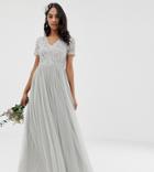 Maya Bridesmaid V Neck Maxi Tulle Dress With Tonal Delicate Sequins In Soft Gray