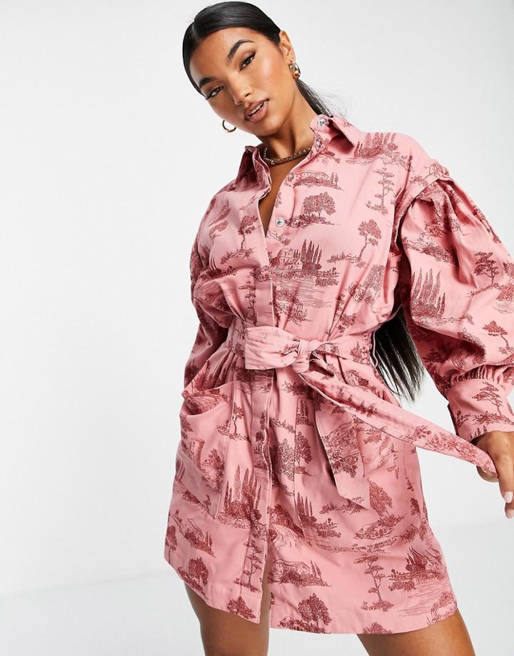 Asos Design Tuck Sleeve Belted Shirt Dress In Toile De Jouy Print-multi