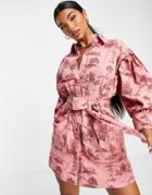 Asos Design Tuck Sleeve Belted Shirt Dress In Toile De Jouy Print-multi