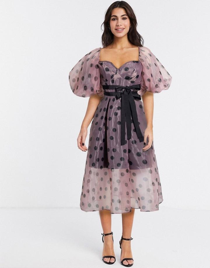 Asos Design Organza Overlay Puff Sleeve Midi Prom Dress In Polka Dot-multi