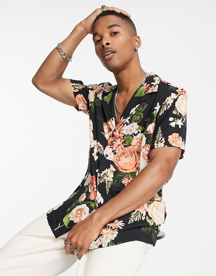 Asos Design Deep Revere Shirt In Black Floral Print