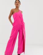Lavish Alice One Shoulder Wrap Over Wide Leg Jumpsuit In Pink - Pink
