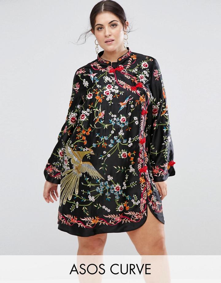 Asos Curve Embroidered Mini Dress With Mandarin Collar - Multi