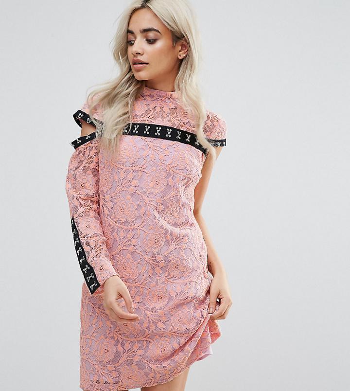 Asos Petite Two Tone Lace Mini Dress With Contrast Hook And Eye Tape