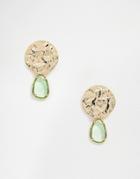 Asos Design Earrings With Hammered Disc And Natural Style Stone Drop In Gold - Gold