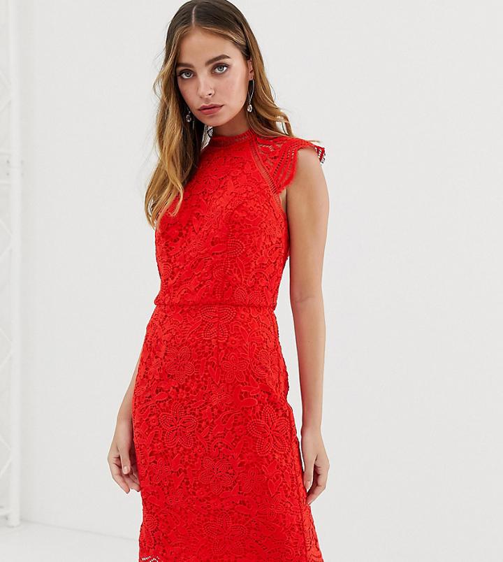 Chi Chi London Petite Scallop Lace Pencil Dress In Red - Red