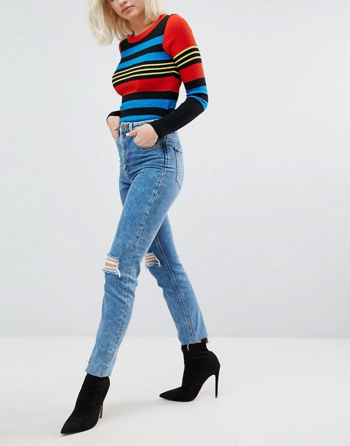 Asos Farleigh High Waist Slim Mom Jeans In Pine Mottled Wash With Busts - Blue