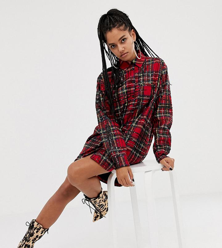 Asos Design X Laquan Smith Oversized Shirt Dress In Sequin Check - Red