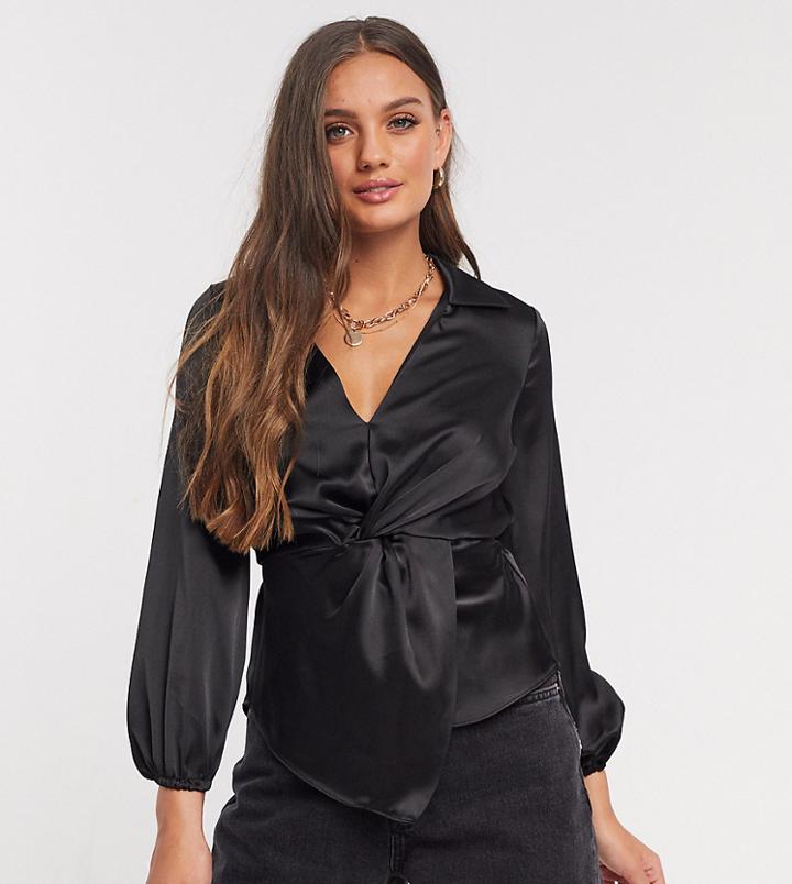 River Island Petite Satin Twist Front Shirt In Black